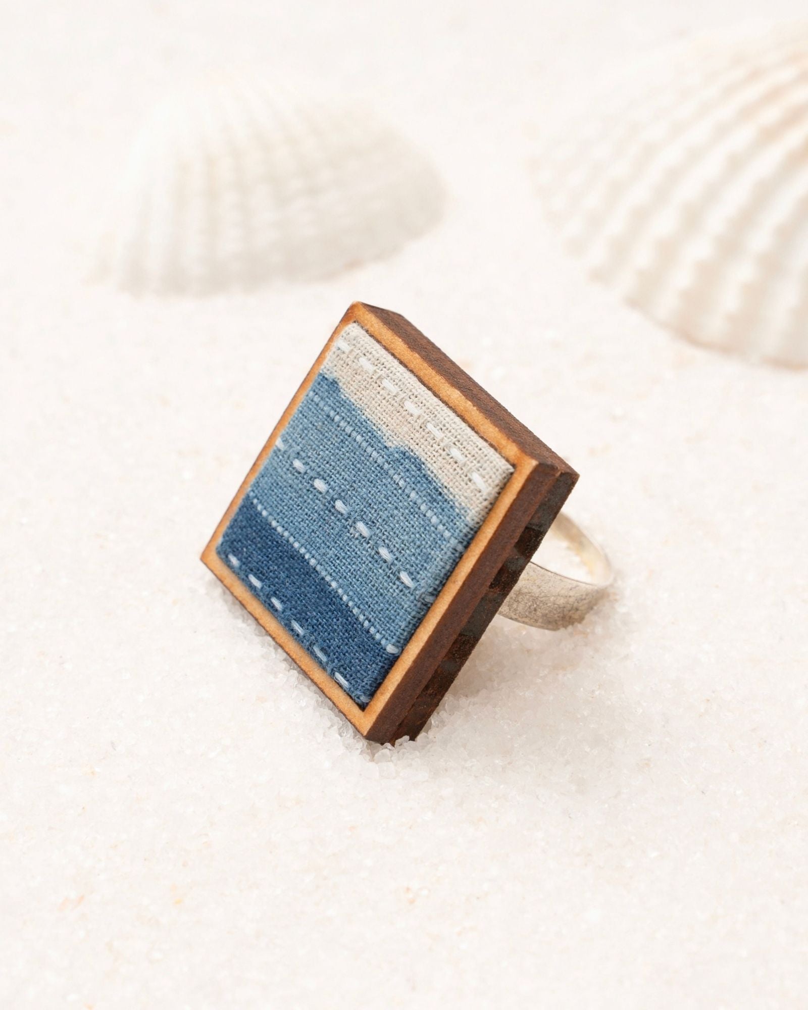 WHE Shades of Indigo Blue Repurposed Fabric and Wood Square Ring