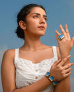 WHE Shades of Indigo Blue Repurposed Fabric and Wood Square Ring