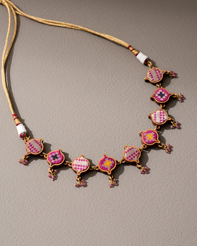 WHE Pink Festive Repurposed Fabric and Wood Choker Necklace