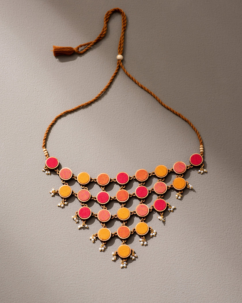 WHE Red and Orange Repurposed Fabric and Wood Adjustable Statement Necklace