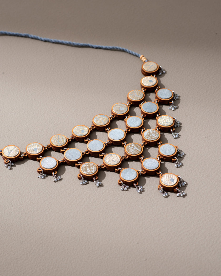 WHE Festive Grey, Gold and Silver Repurposed Fabric and Wood Adjustable Statement Necklace
