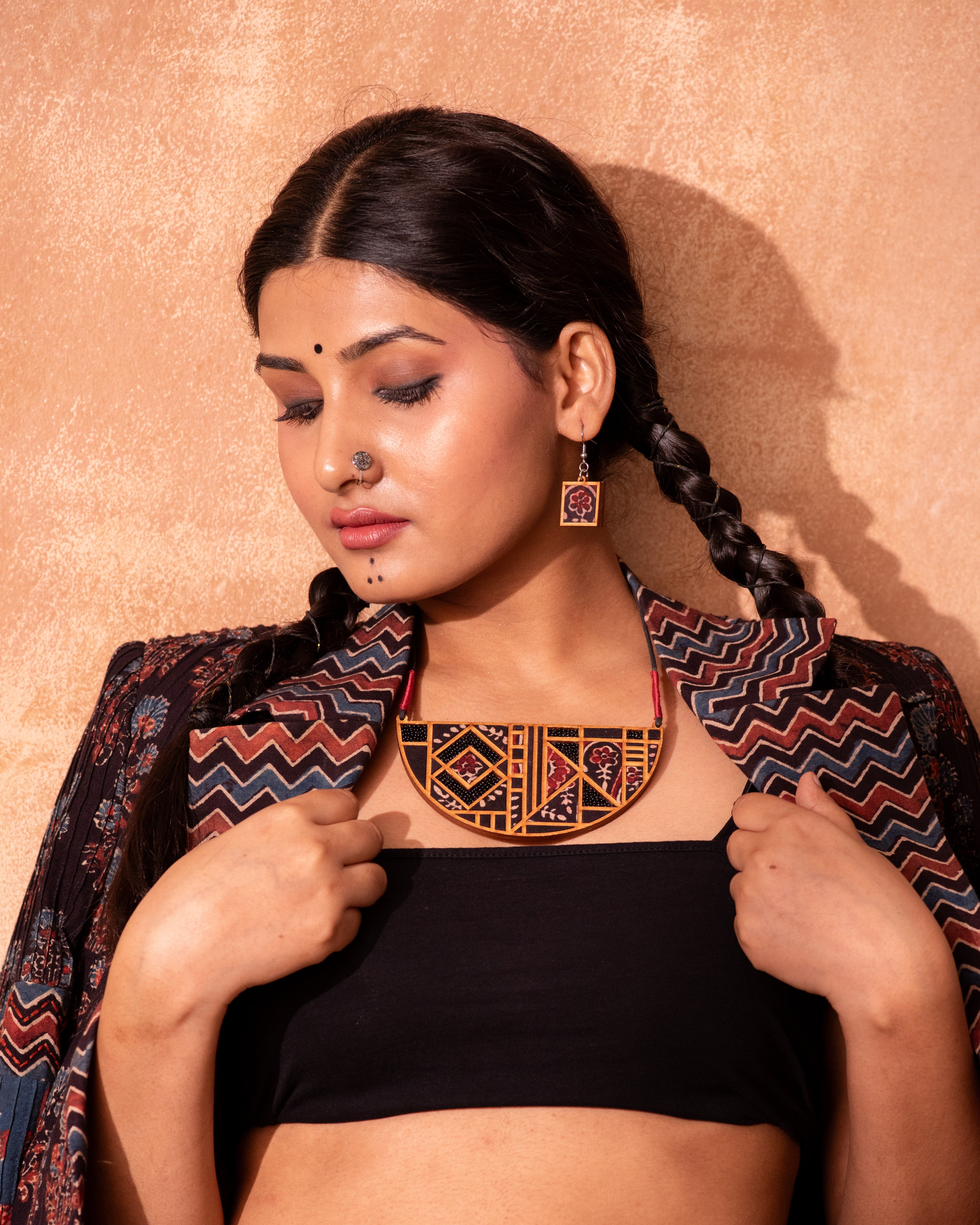 WHE Black Repurposed Ajrakh Fabric and Repurposed Wood Maze Necklace