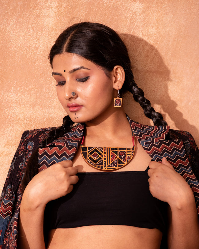 WHE Black Repurposed Ajrakh Fabric and Repurposed Wood Maze Necklace