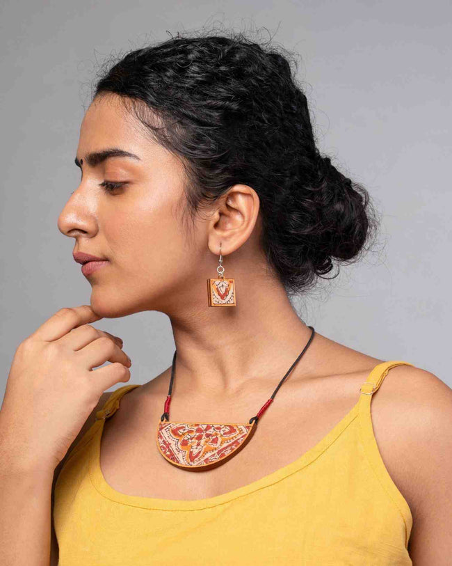 WHE Red Repurposed Kalamkari Fabric and Repurposed Wood Pendant