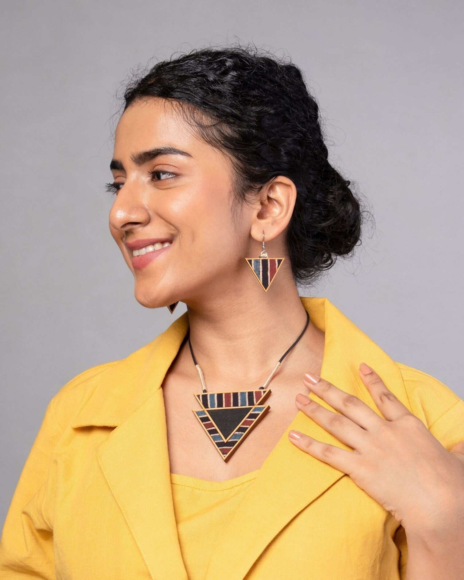 WHE Black Ajrakh Repurposed Fabric and Wood Triangular Necklace