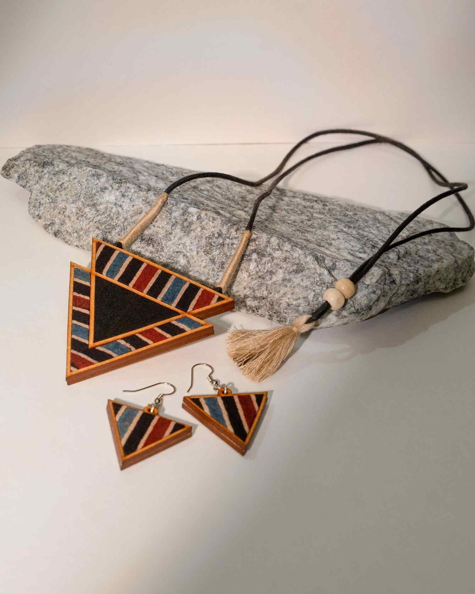 WHE Black Ajrakh Repurposed Fabric and Wood Triangular Necklace