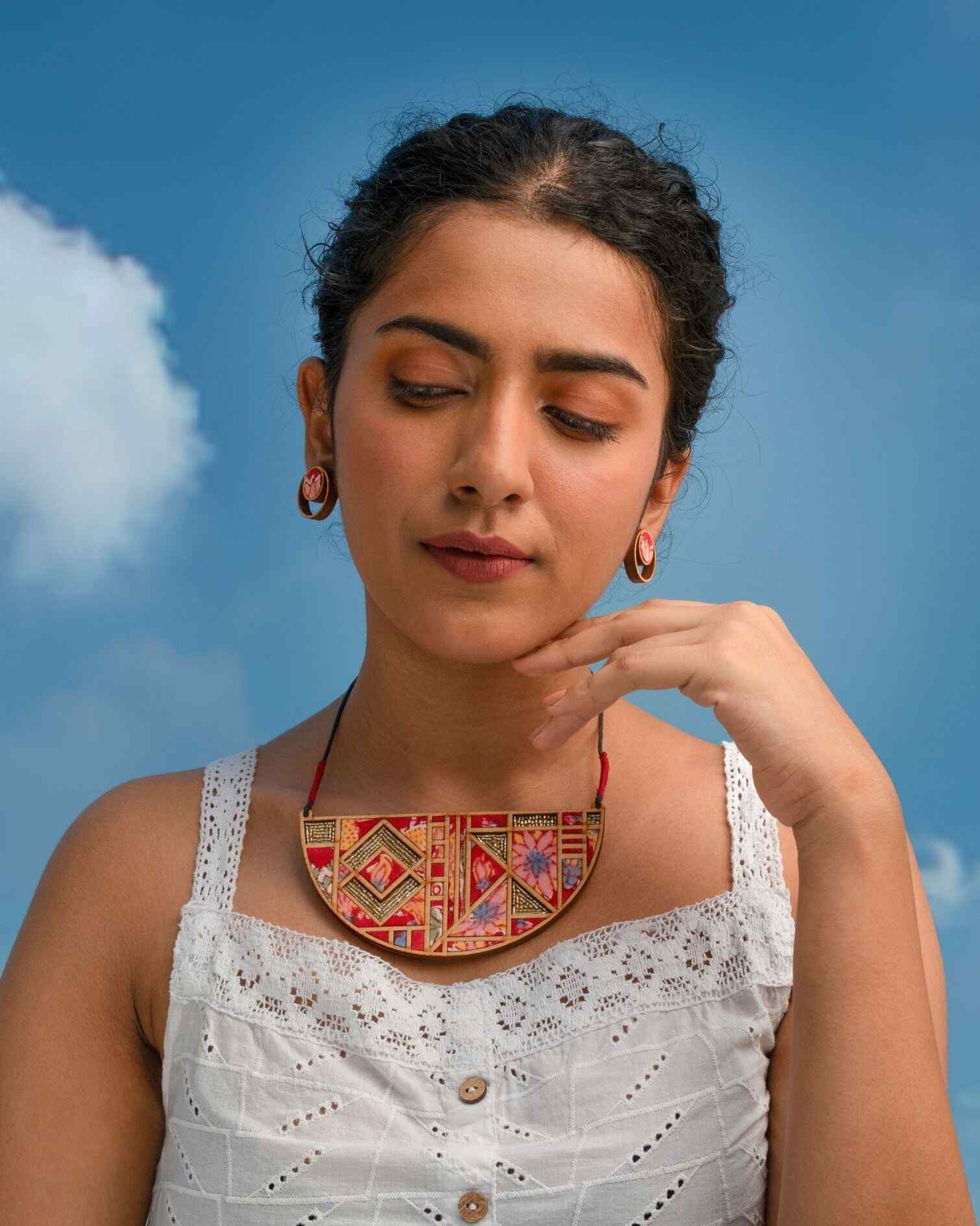 WHE Floral Half Moon Multicolor Repurposed Fabric and Wood Necklace
