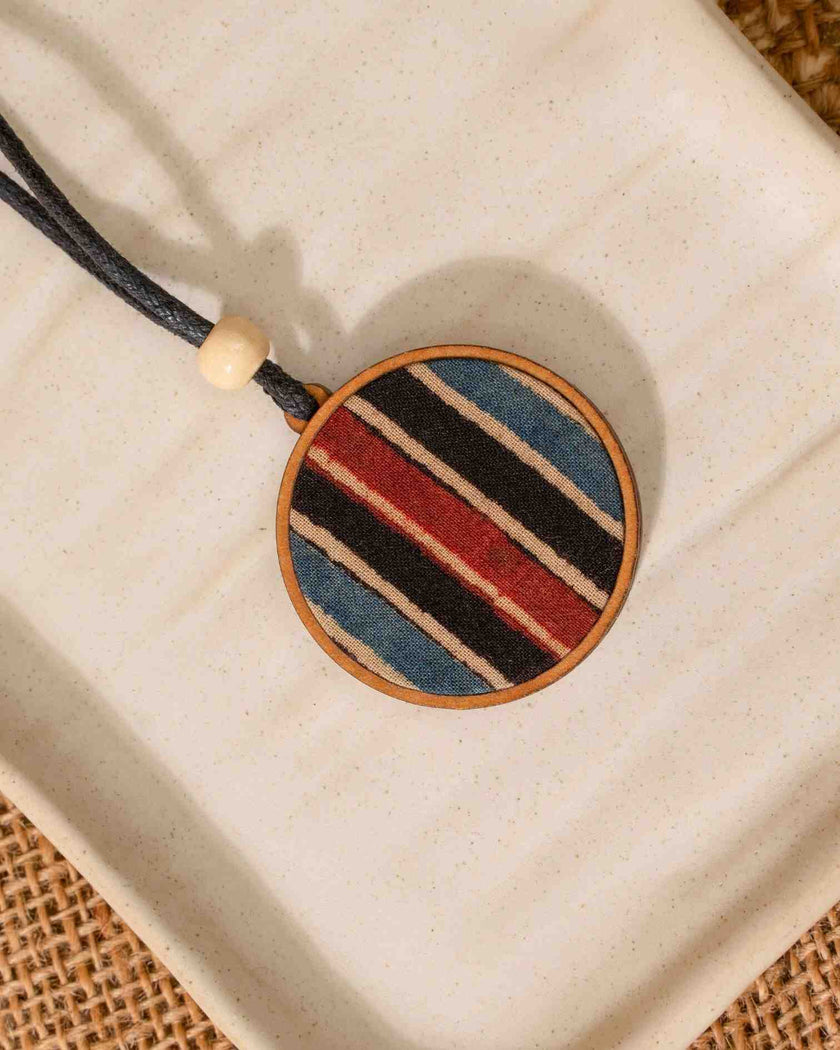 WHE Unisex Blue Round Repurposed Fabric and Wood Pendant