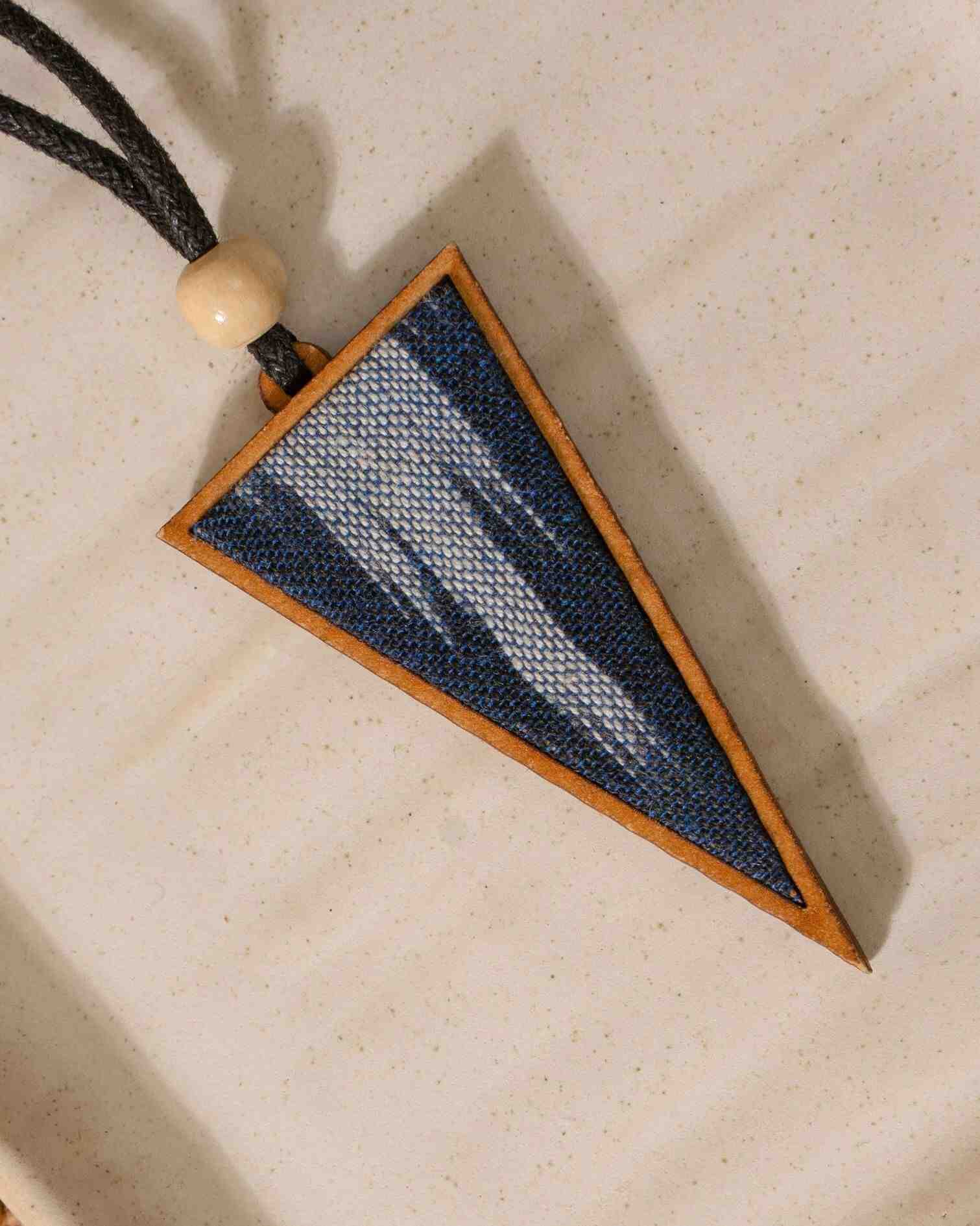 WHE Unisex Blue Repurposed Fabric and Wood Triangular Pendant