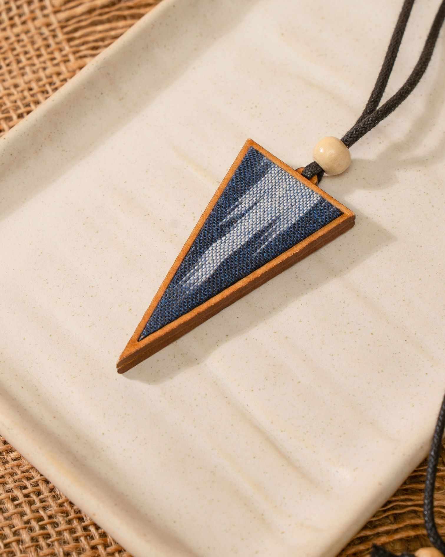 WHE Unisex Blue Repurposed Fabric and Wood Triangular Pendant