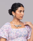WHE Blue Bloom Leaf Motif Repurposed Fabric and Wood Necklace