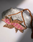 WHE Pink Bloom Leaf Motif Repurposed Fabric and Wood Necklace