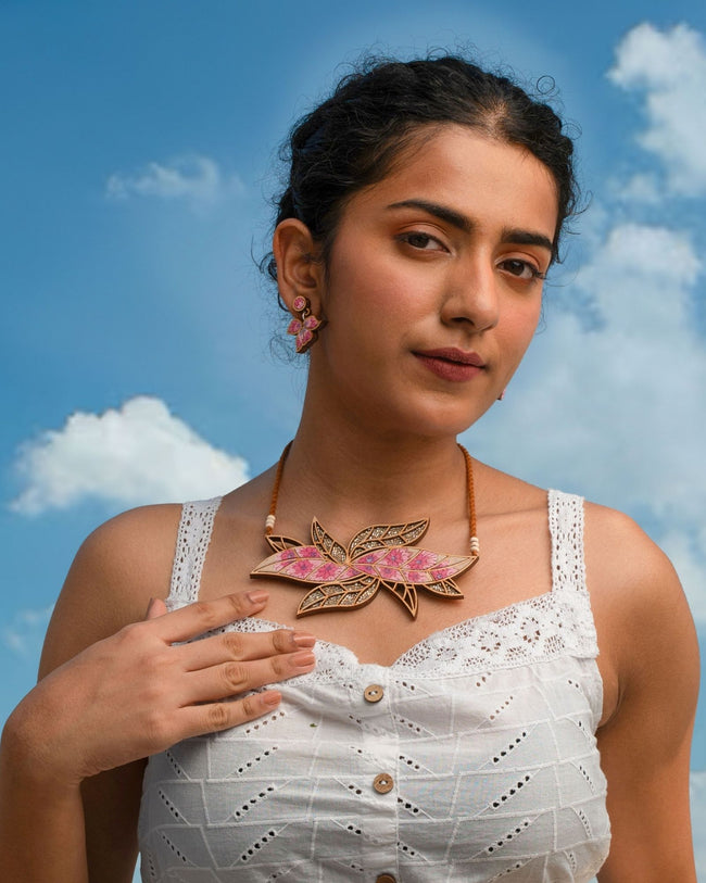 WHE Pink Bloom Leaf Motif Repurposed Fabric and Wood Necklace