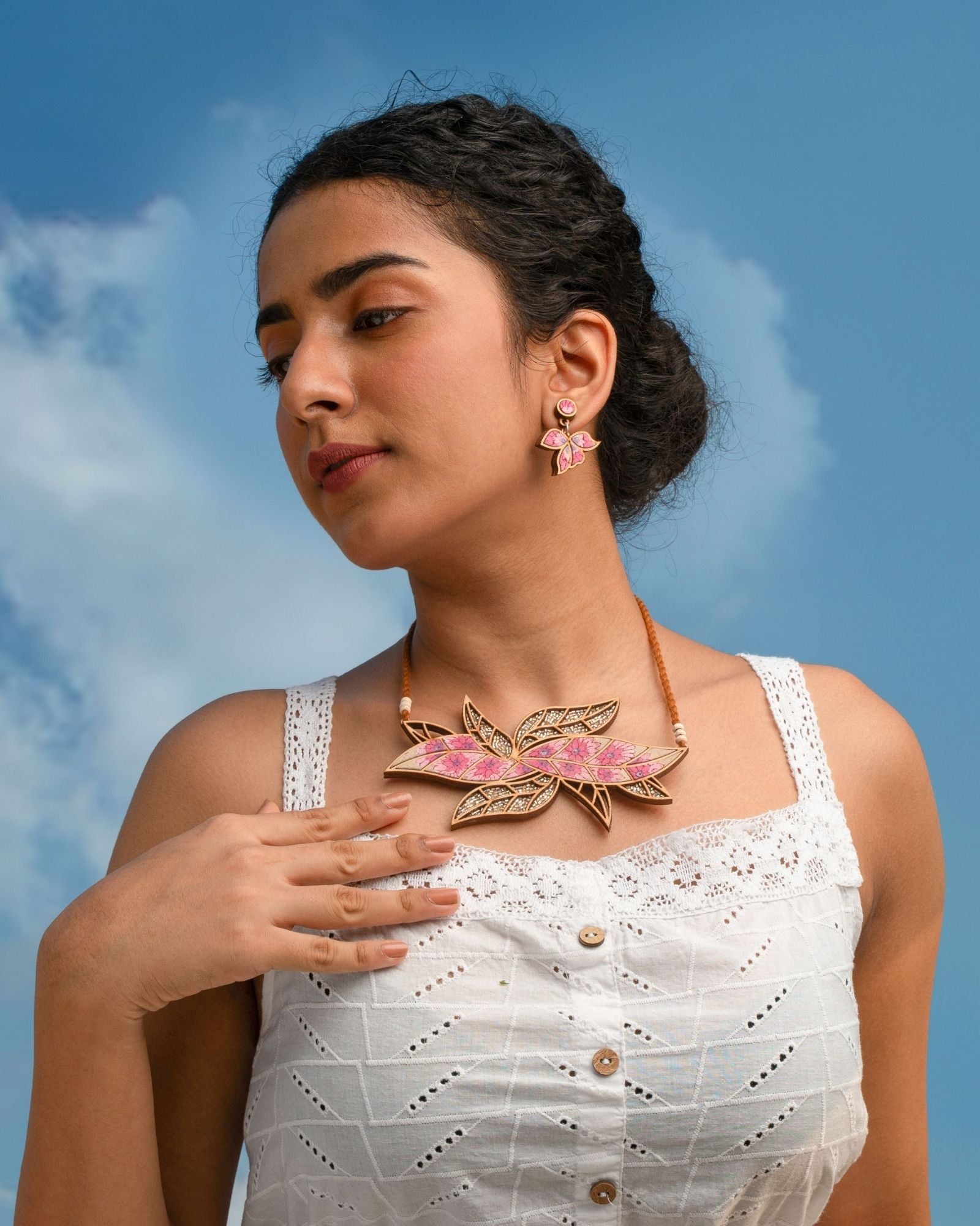 WHE Pink Bloom Leaf Motif Repurposed Fabric and Wood Necklace