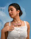 WHE Pink Bloom Leaf Motif Repurposed Fabric and Wood Necklace