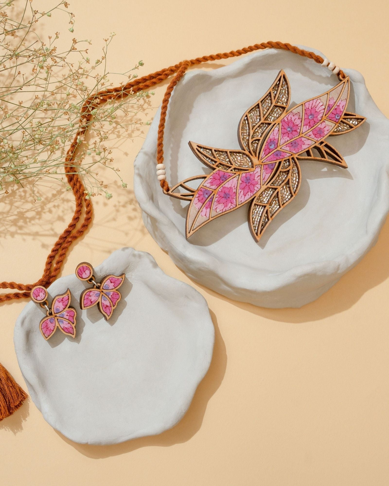 WHE Pink Bloom Leaf Motif Repurposed Fabric and Wood Necklace