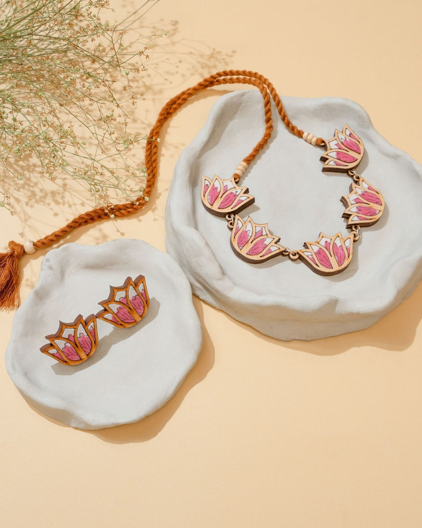 Whe Pink Bloom Lotus Repurposed Fabric and Wood Necklace