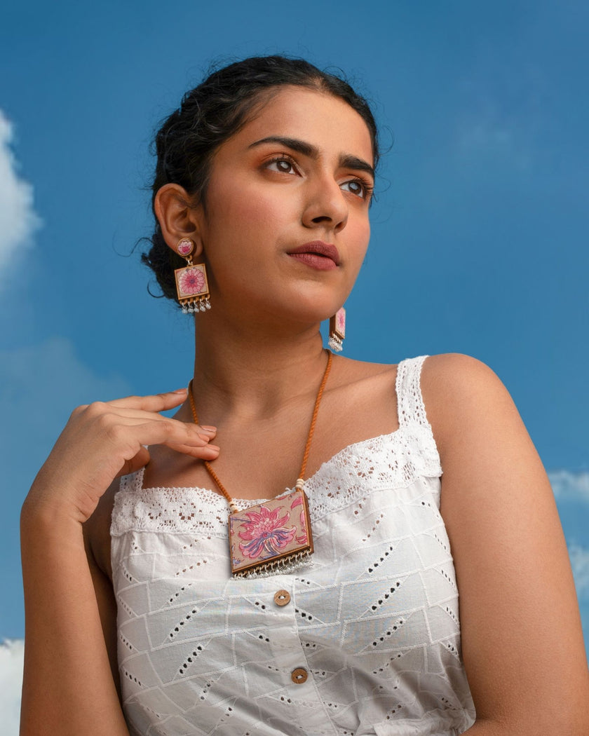 WHE Two in One Floral Pink and Green Square Repurposed Fabric and Wood Pendant