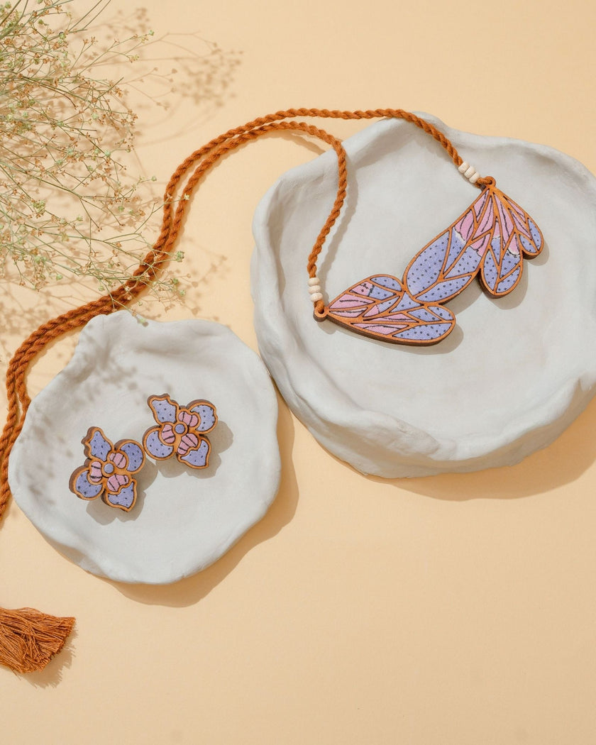 WHE Purple Bloom Leaf Motif Repurposed Fabric and Wood Necklace