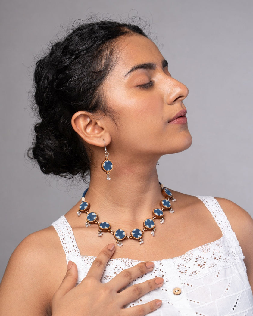 WHE Indigo Blue Repurposed Fabric and Wood Choker