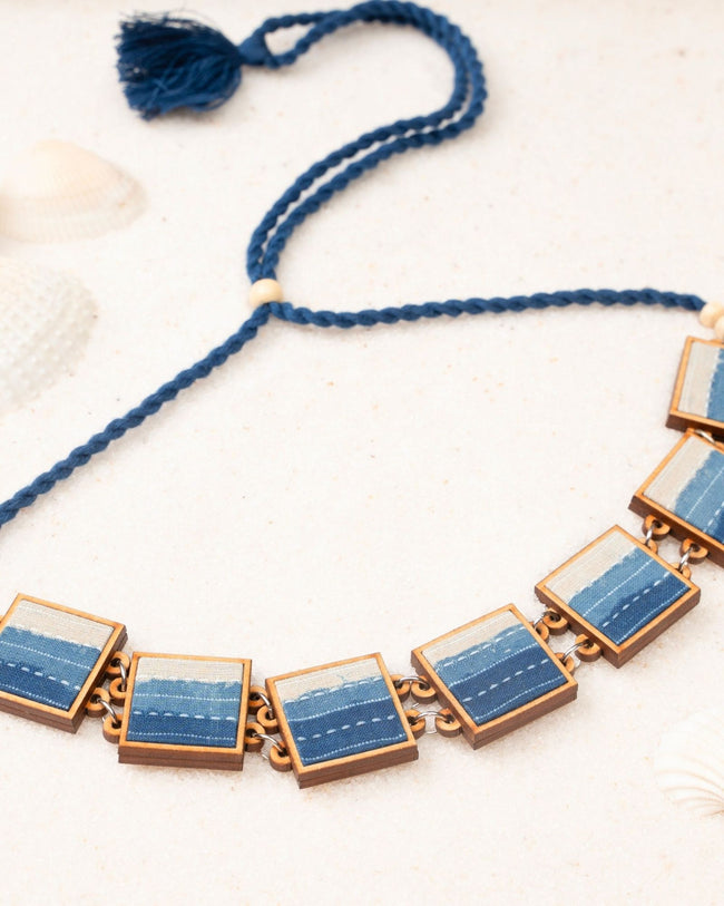 WHE Shades of Indigo Blue Repurposed Fabric and Wood Square Choker