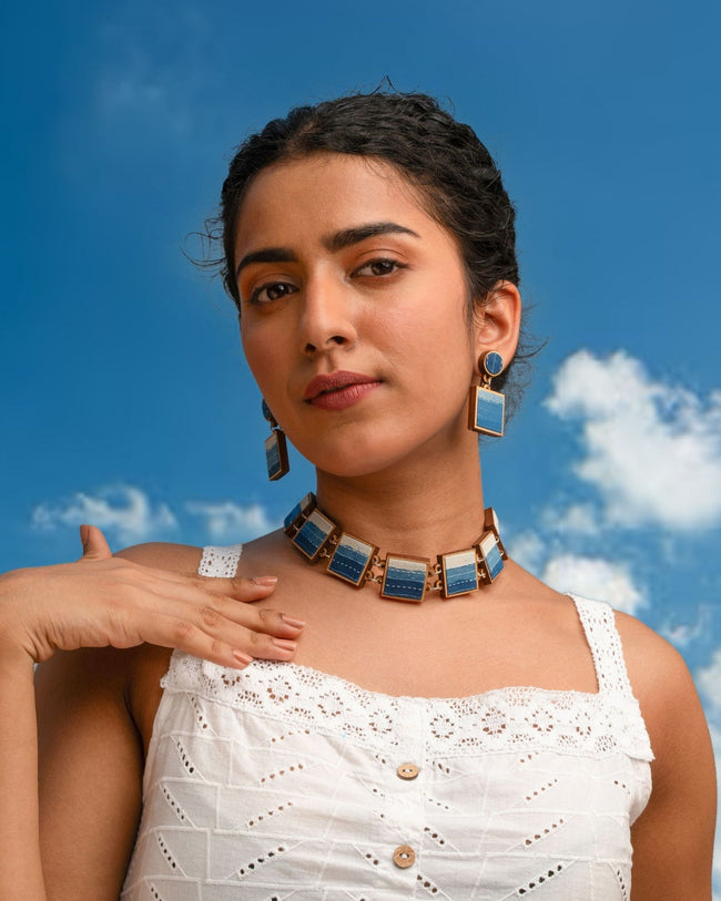 WHE Shades of Indigo Blue Repurposed Fabric and Wood Square Choker