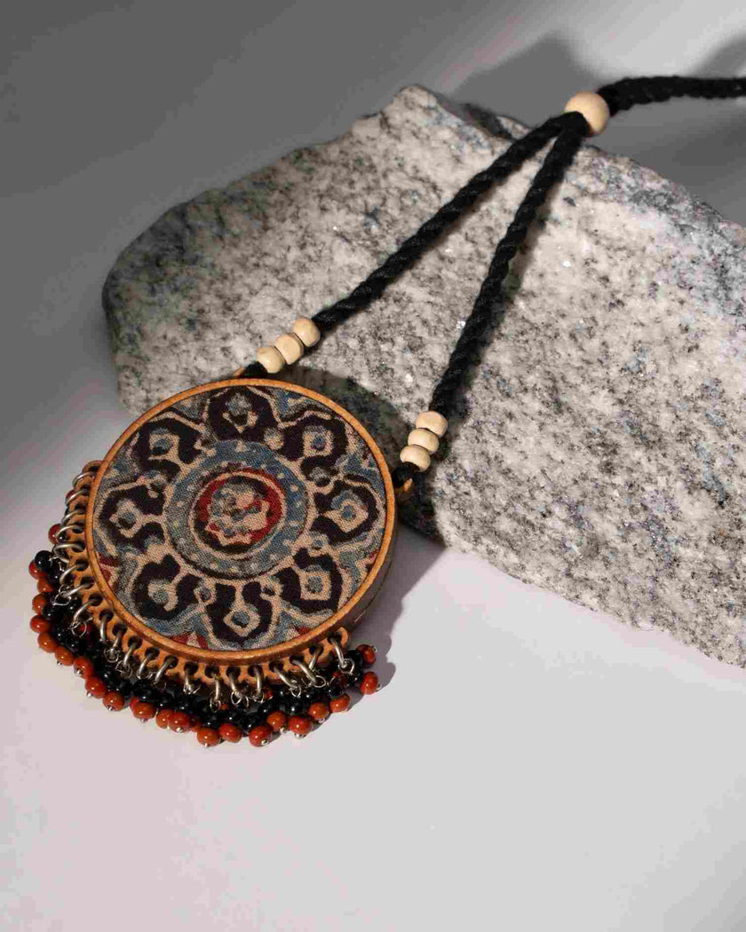 WHE Two in One Black and Red Repurposed Fabric and Wood Round Pendant