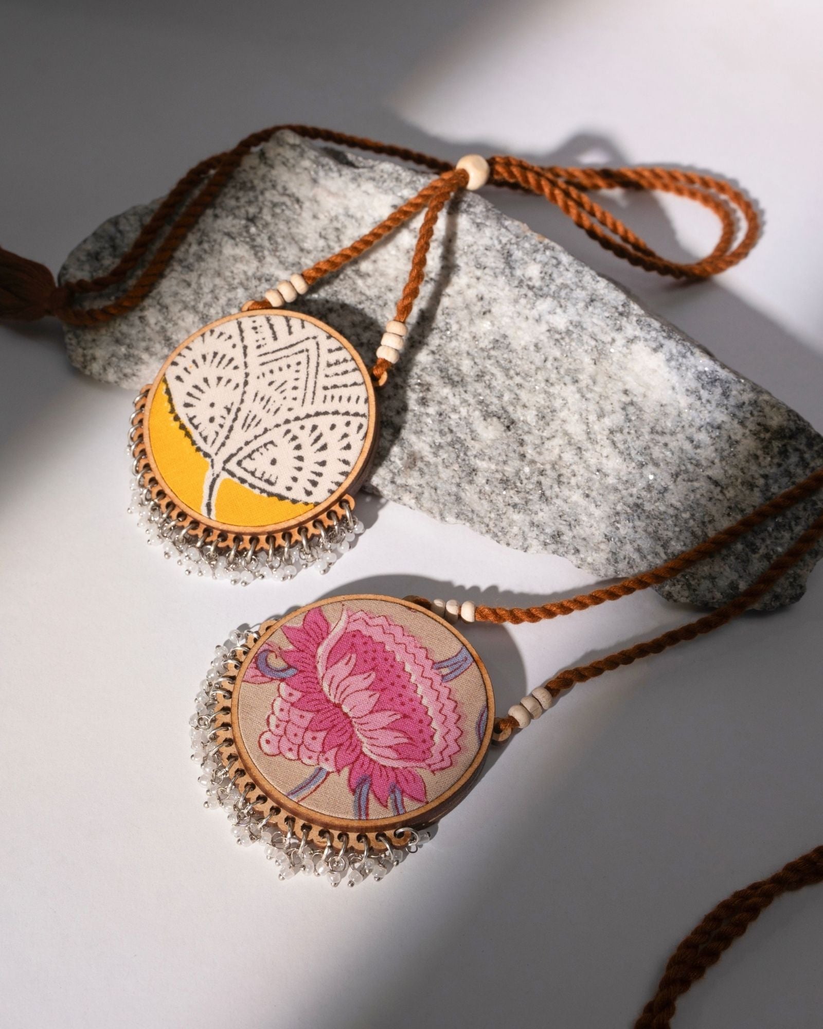 WHE Two in One Pink Yellow Repurposed Fabric and Wood Round Pendant