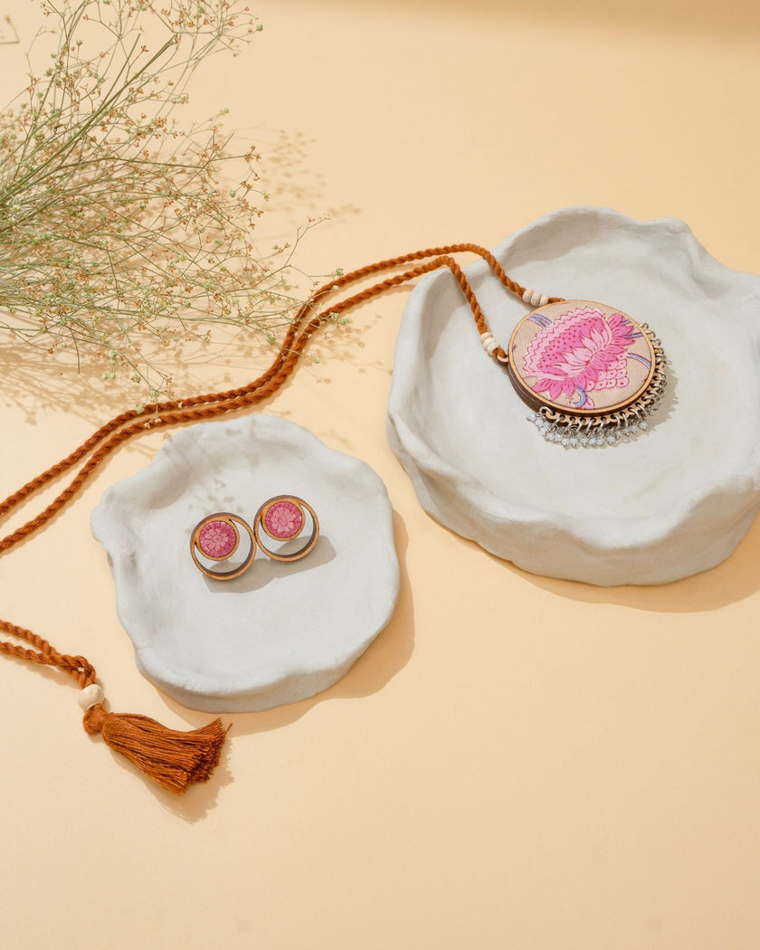 WHE Two in One Pink Yellow Repurposed Fabric and Wood Round Pendant