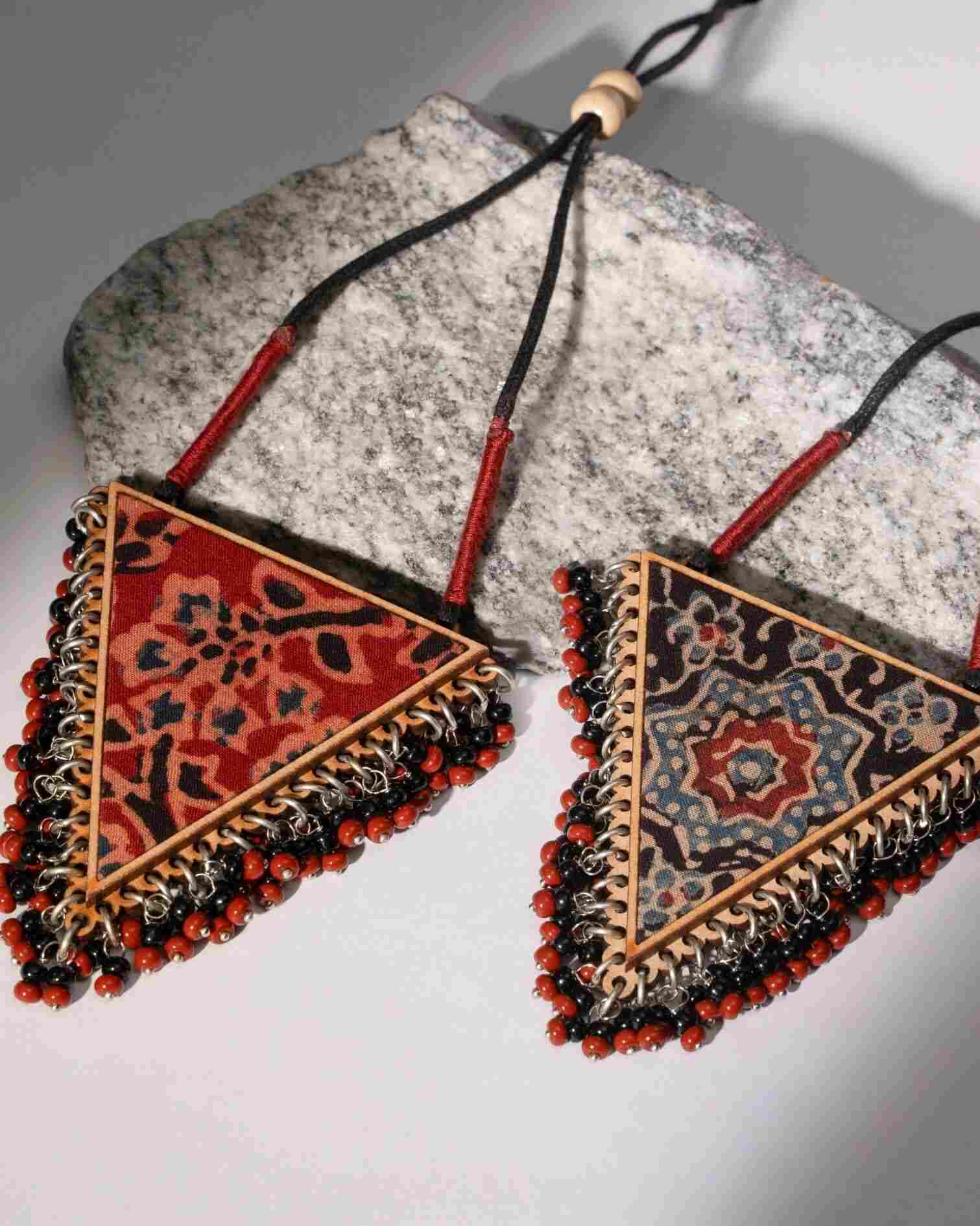 WHE Two in One Multicolor Repurposed Fabric and Wood Triangle Pendant