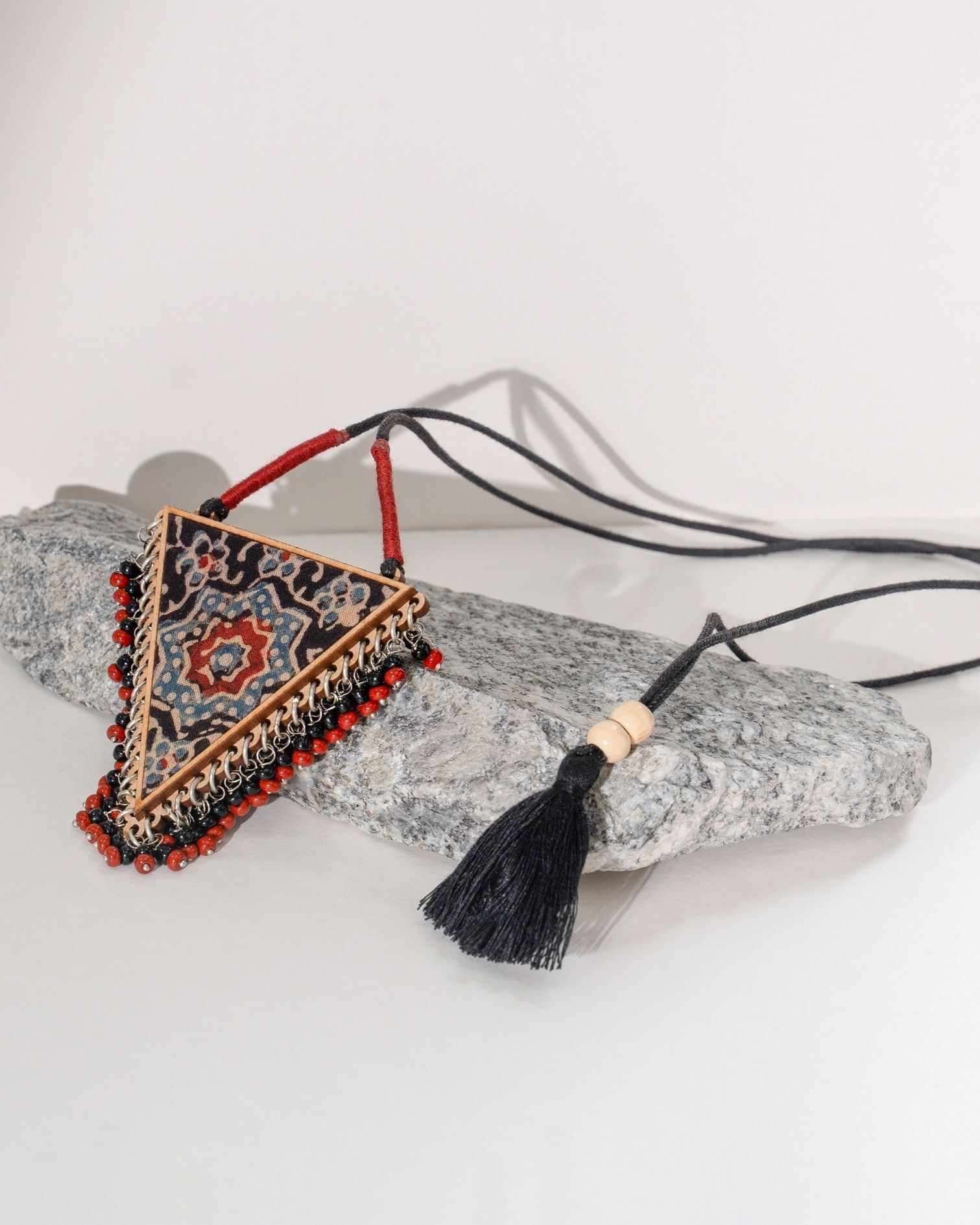 WHE Two in One Multicolor Repurposed Fabric and Wood Triangle Pendant