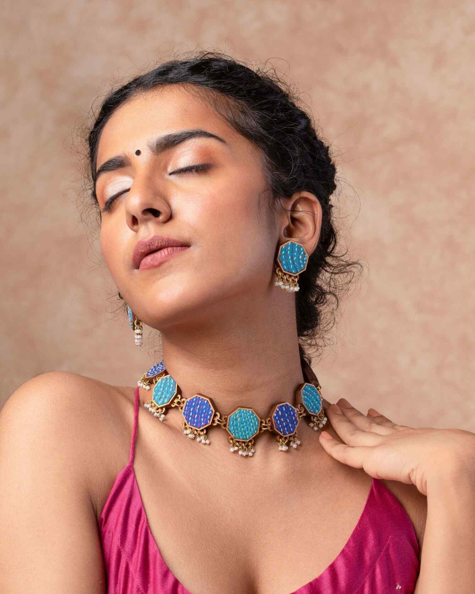 WHE Neel Tarang Kantha Repurposed Silk Fabric and Wood Necklace