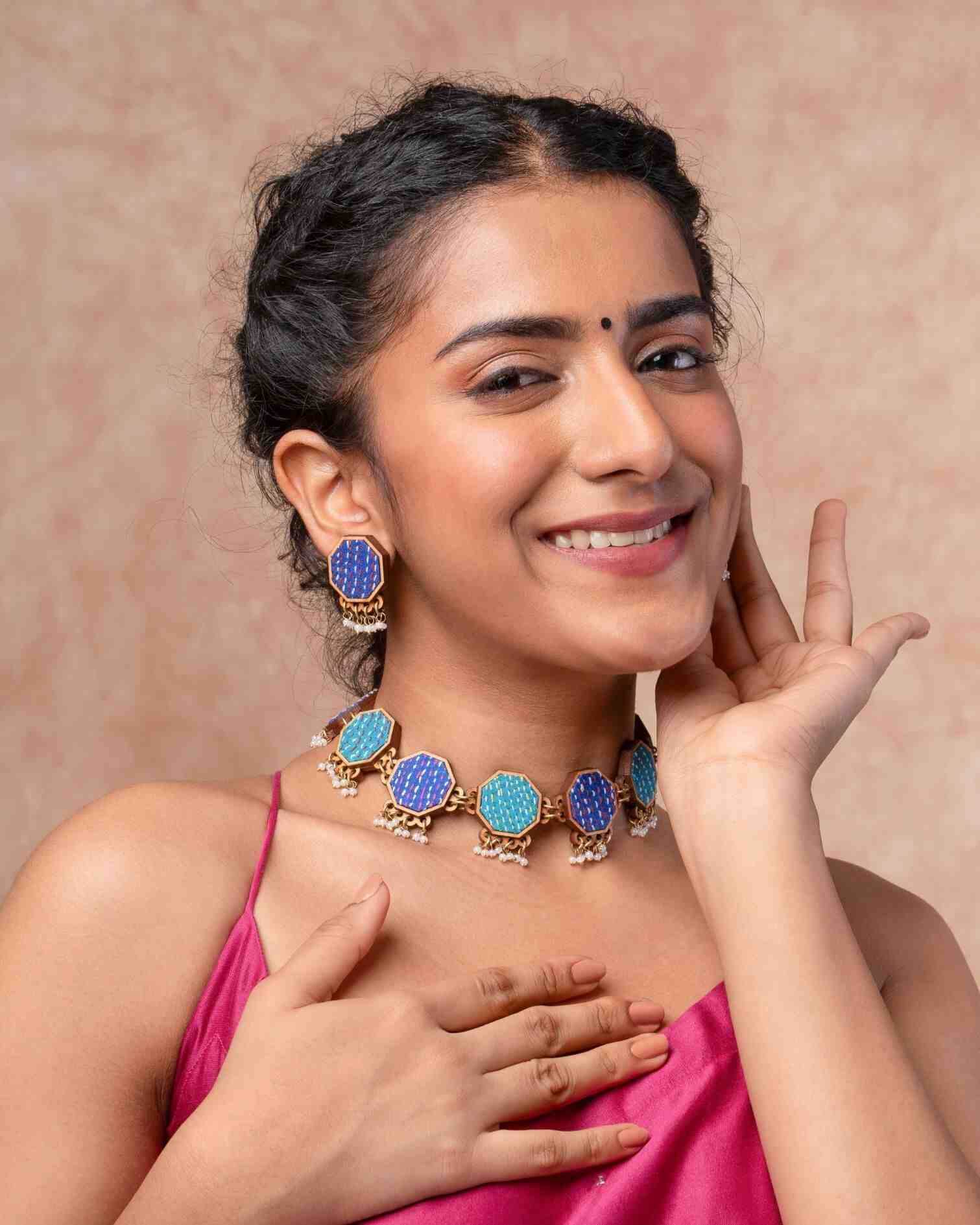 WHE Neel Tarang Kantha Repurposed Silk Fabric and Wood Necklace