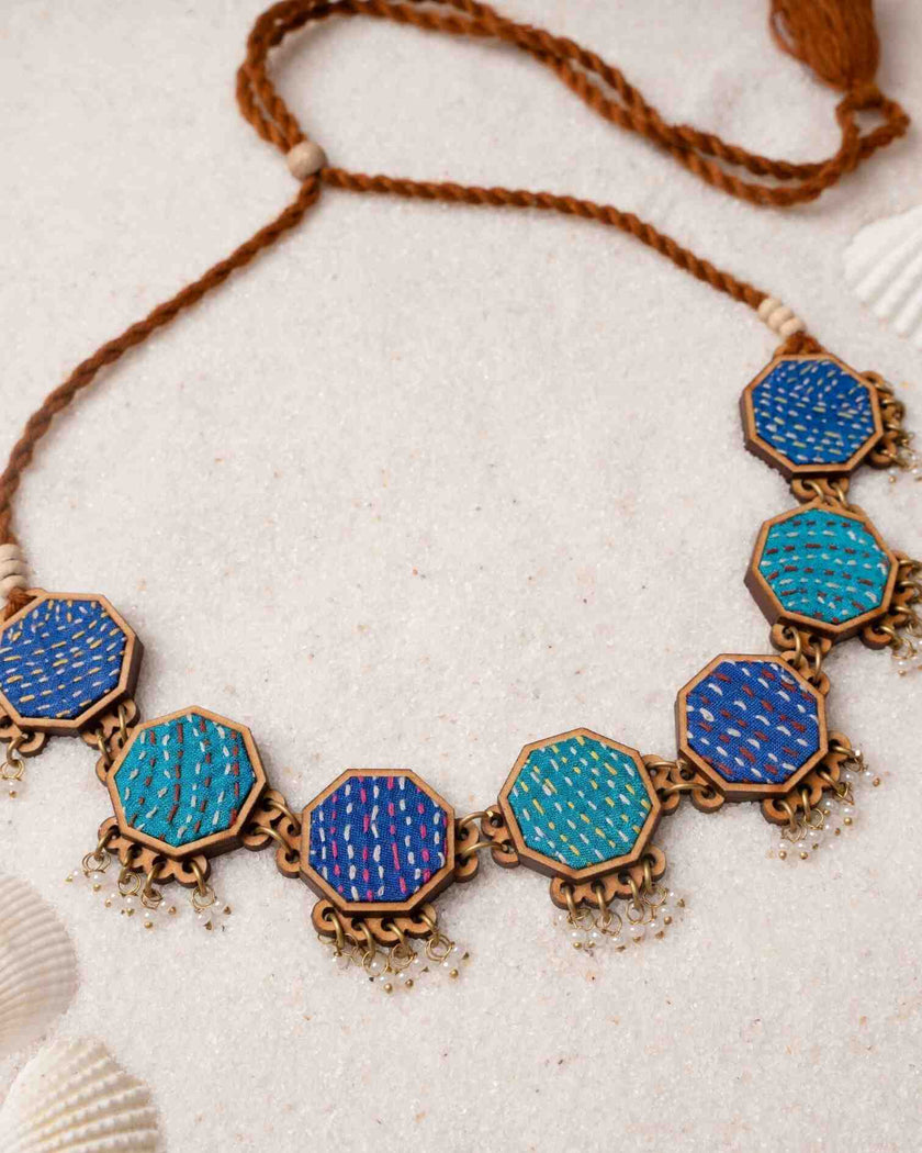 WHE Neel Tarang Kantha Repurposed Silk Fabric and Wood Necklace