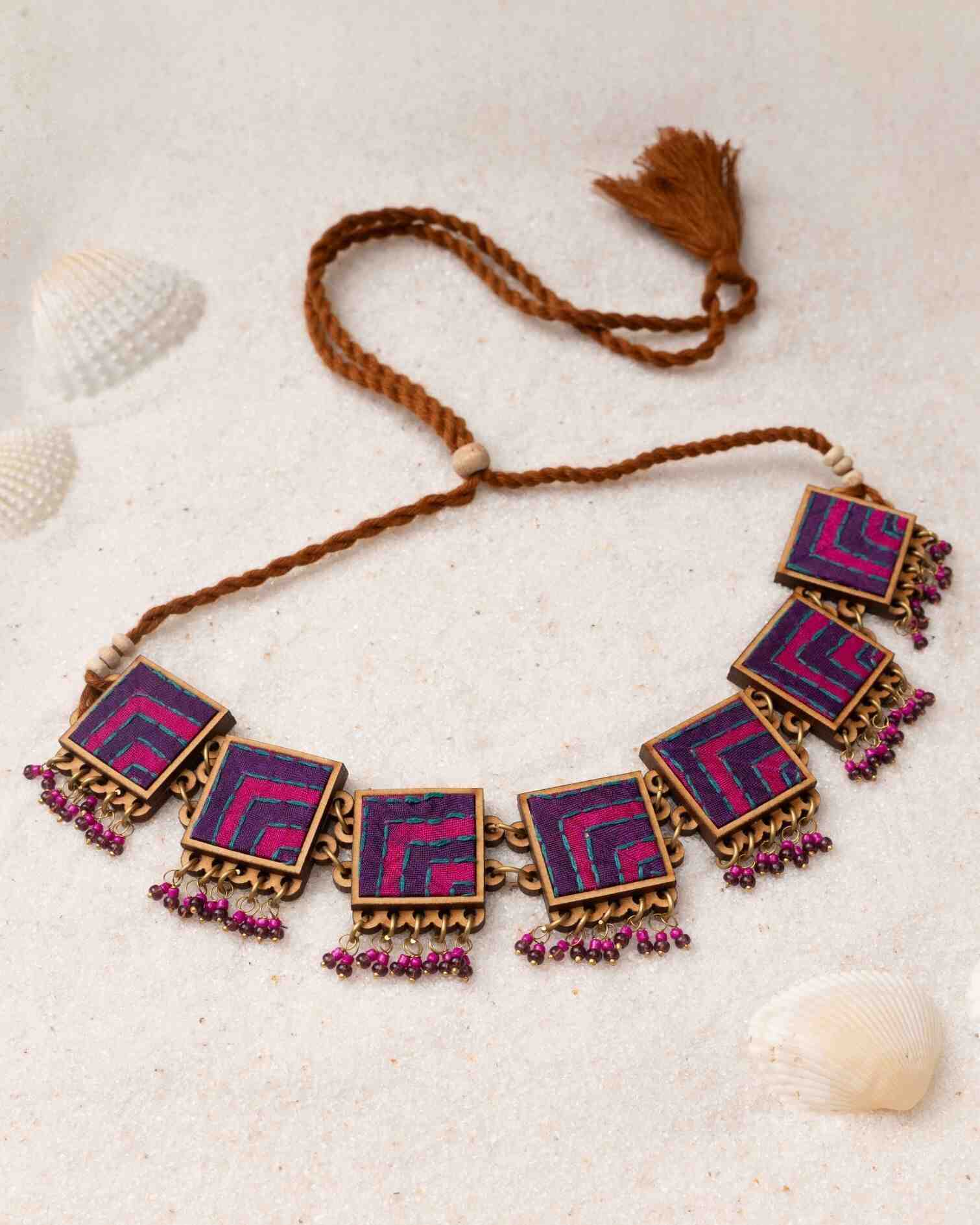 WHE Pink Purple Kantha Repurposed Silk Fabric and Wood Necklace
