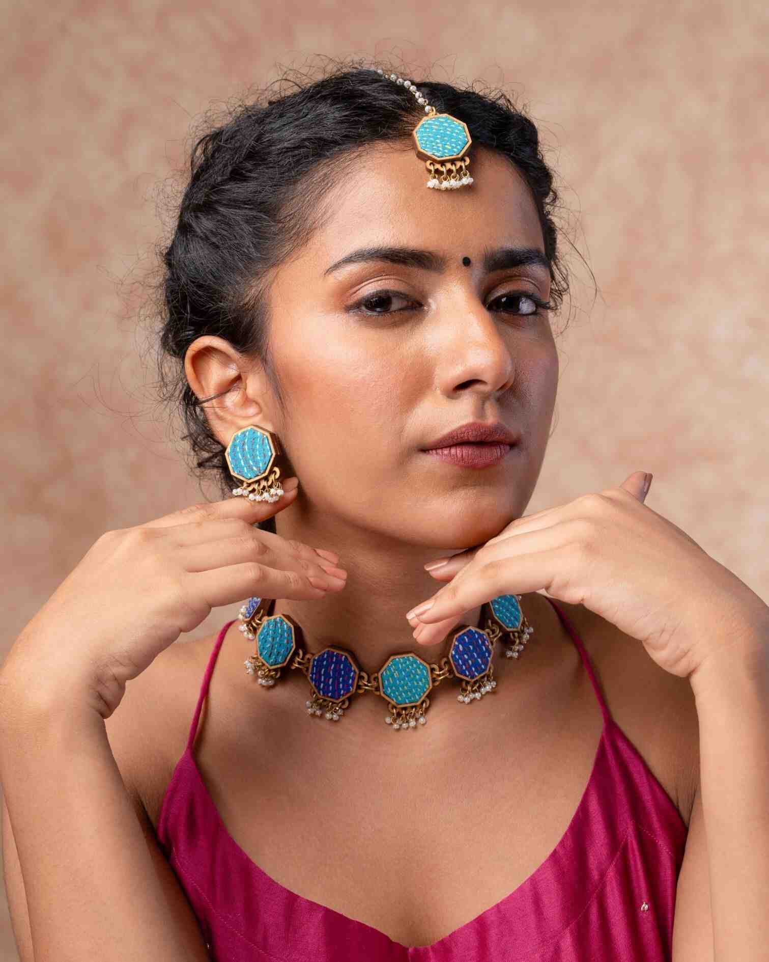 WHE Turquoise Kantha Repurposed Silk Fabric and Wood Maang Tika