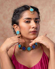 WHE Turquoise Kantha Repurposed Silk Fabric and Wood Maang Tika