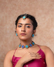 WHE Turquoise Kantha Repurposed Silk Fabric and Wood Maang Tika