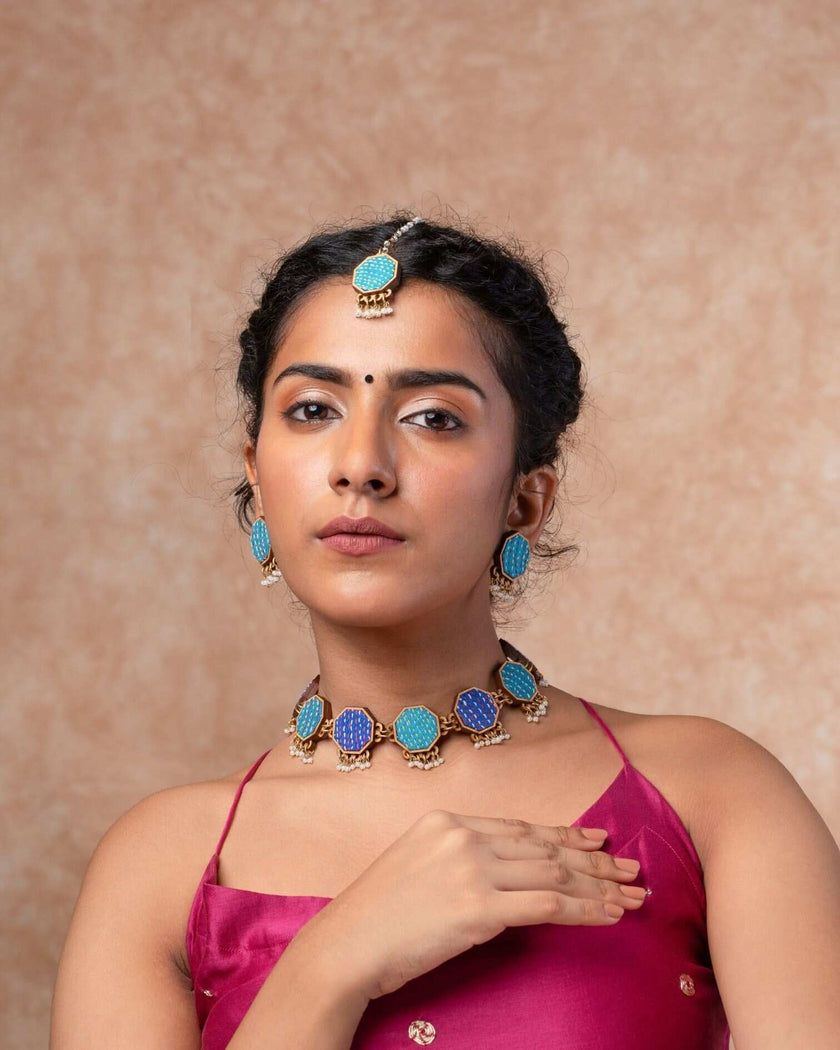 WHE Turquoise Kantha Repurposed Silk Fabric and Wood Maang Tika