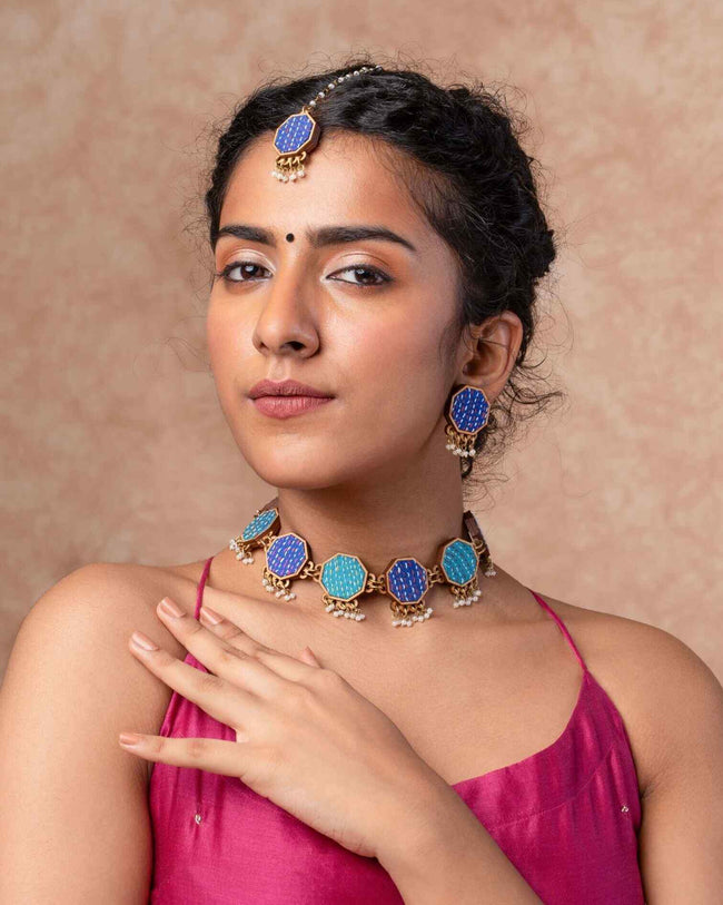 WHE Blue Kantha Repurposed Silk Fabric and Wood Maang Tika