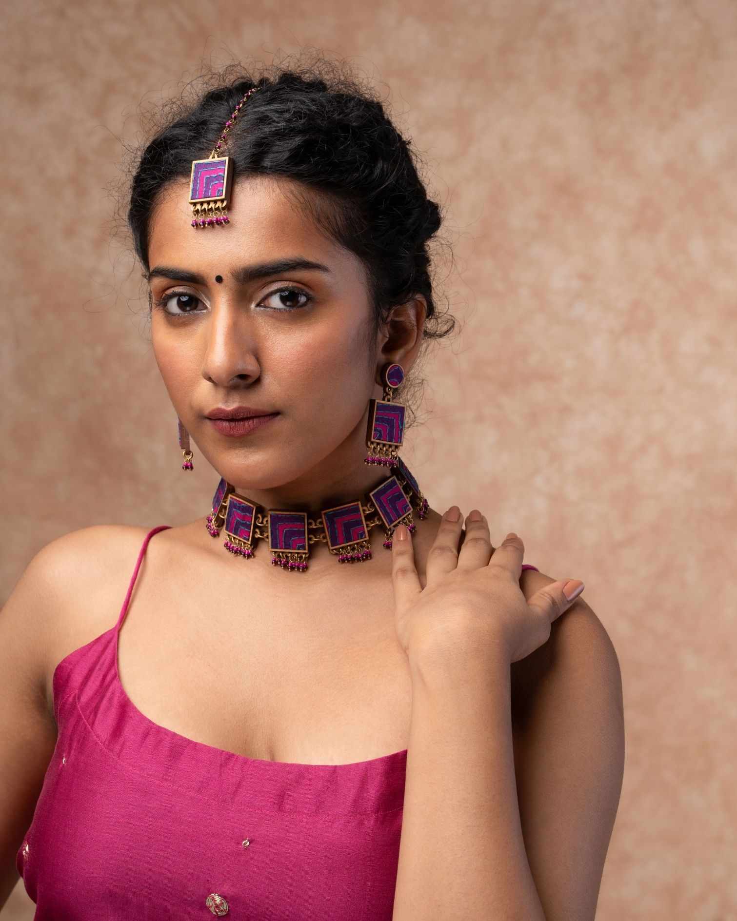 WHE Pink Purple Kantha Repurposed Silk Fabric and Wood  Tikka
