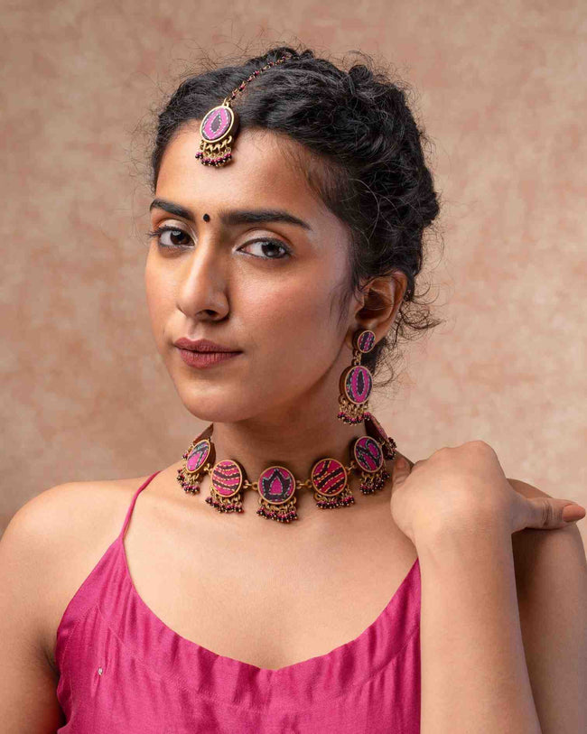 WHE Multicolor Kantha Silk Repurposed Silk Fabric and Wood Maang Tika