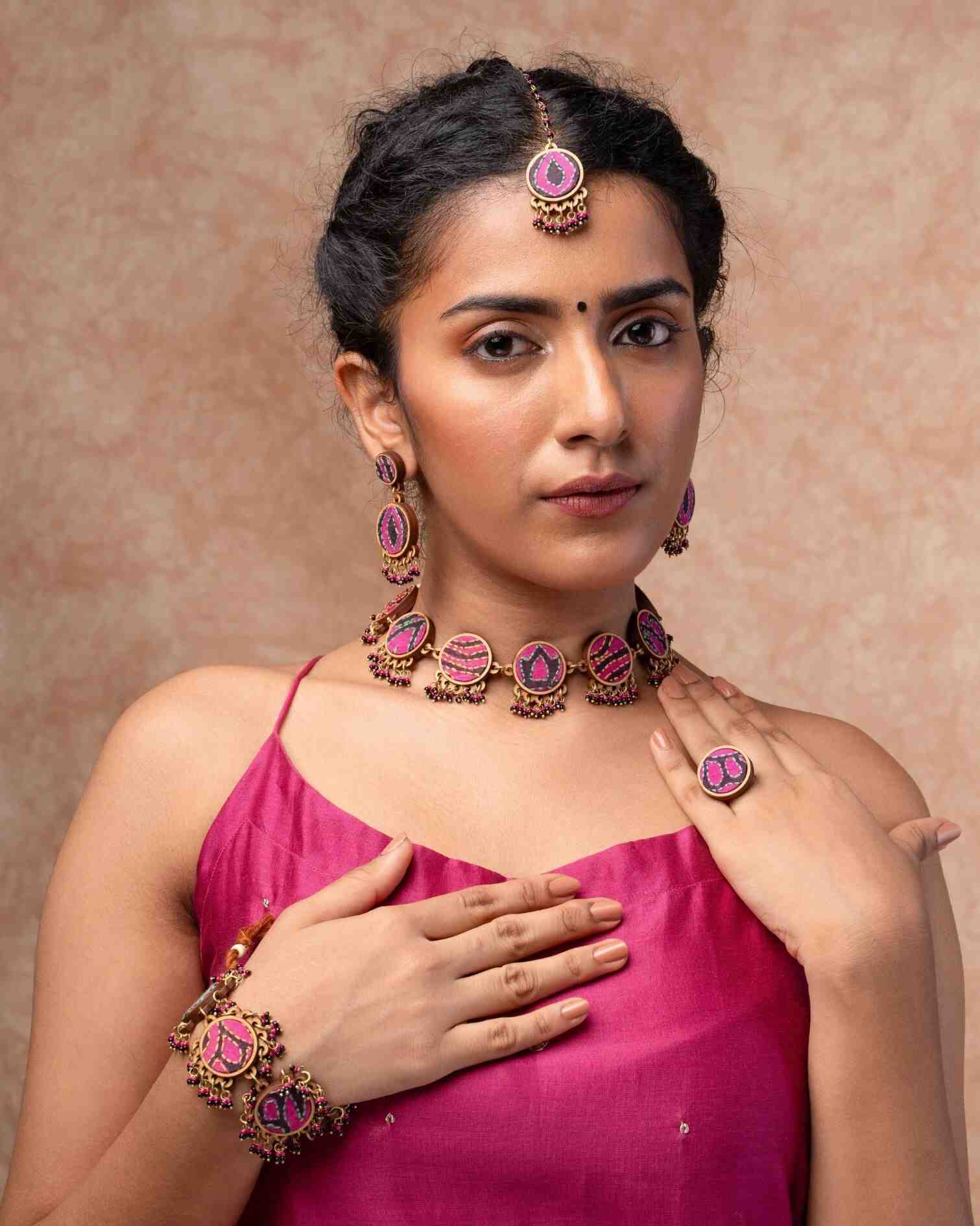 WHE Multicolor Kantha Silk Repurposed Silk Fabric and Wood Maang Tika