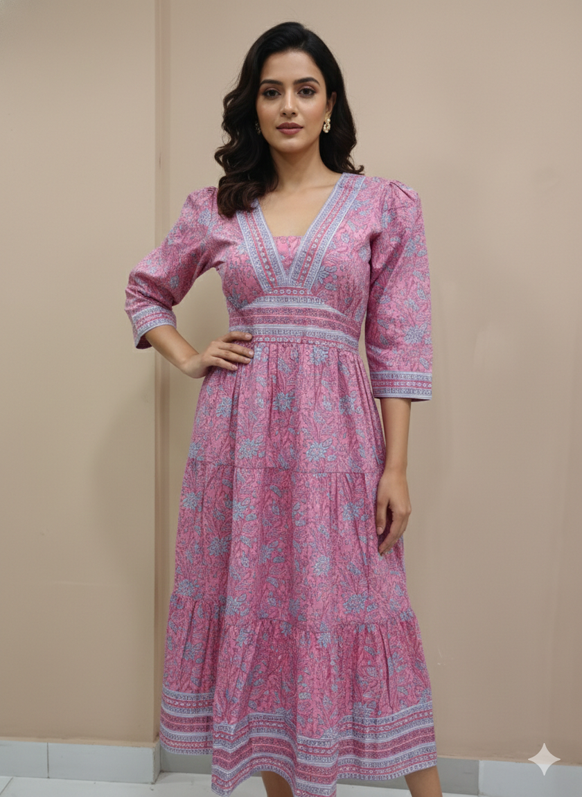 Block print pink floral dress XS