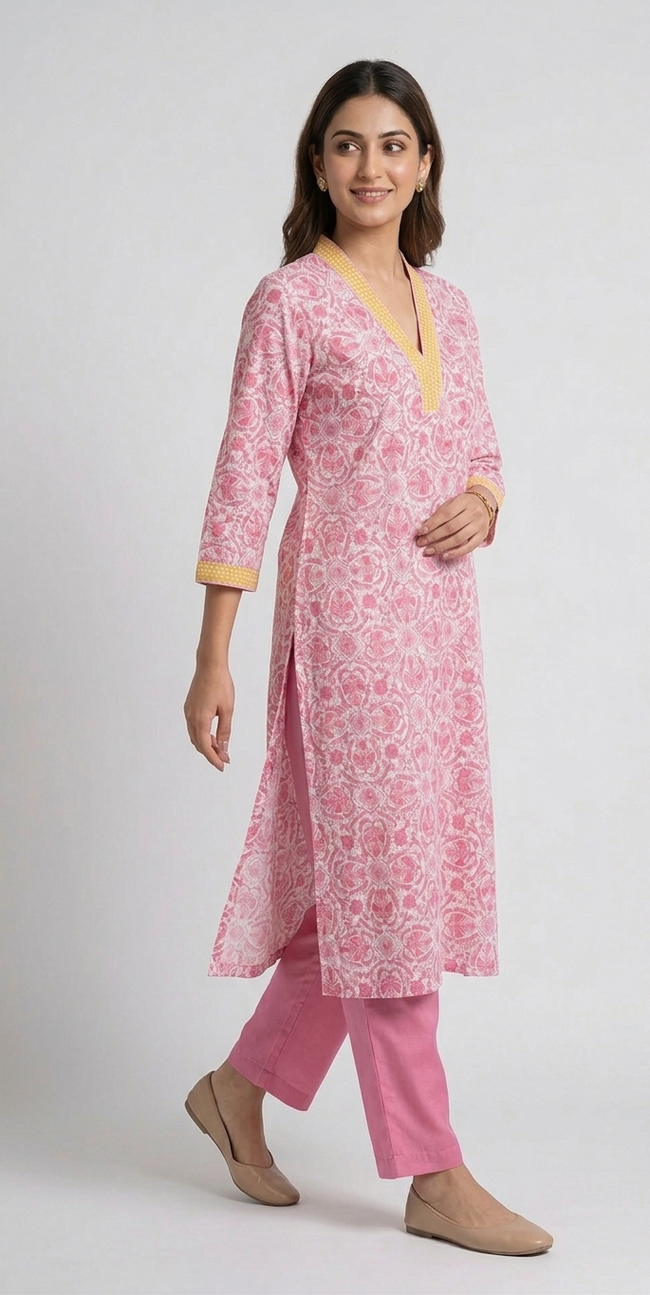 Pink Hand block Printed Cotton V-Neck Suit Set