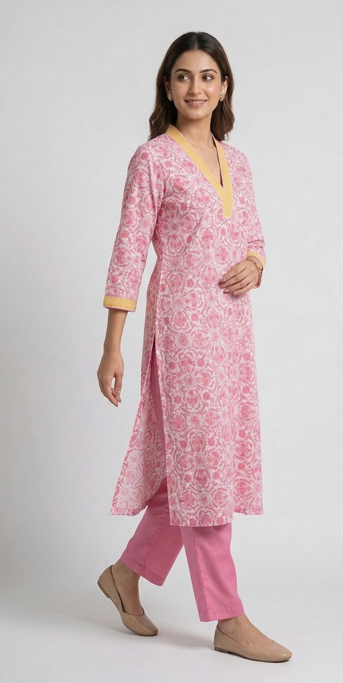 Pink Hand block Printed Cotton V-Neck Suit Set
