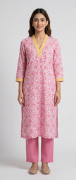 Pink Hand block Printed Cotton V-Neck Suit Set
