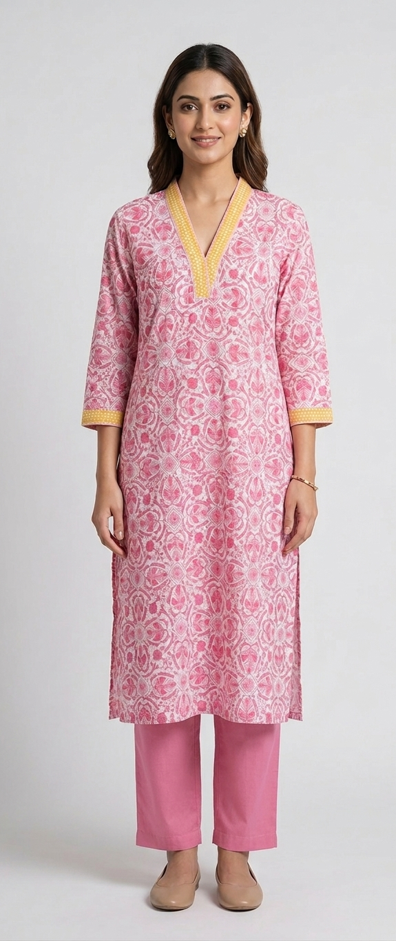 Pink Hand block Printed Cotton V-Neck Suit Set