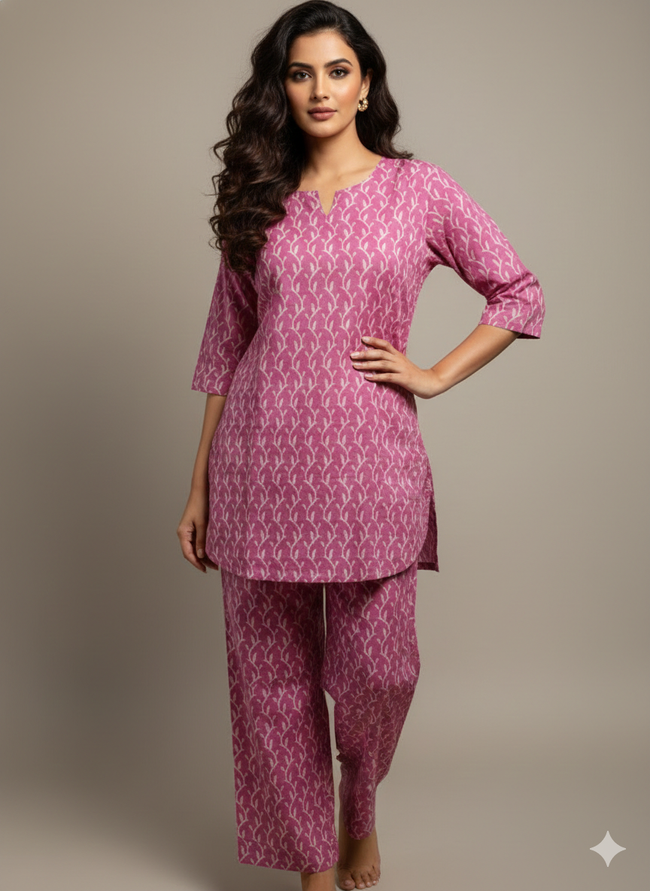 Pink Leaf Block Print Coord Set XS