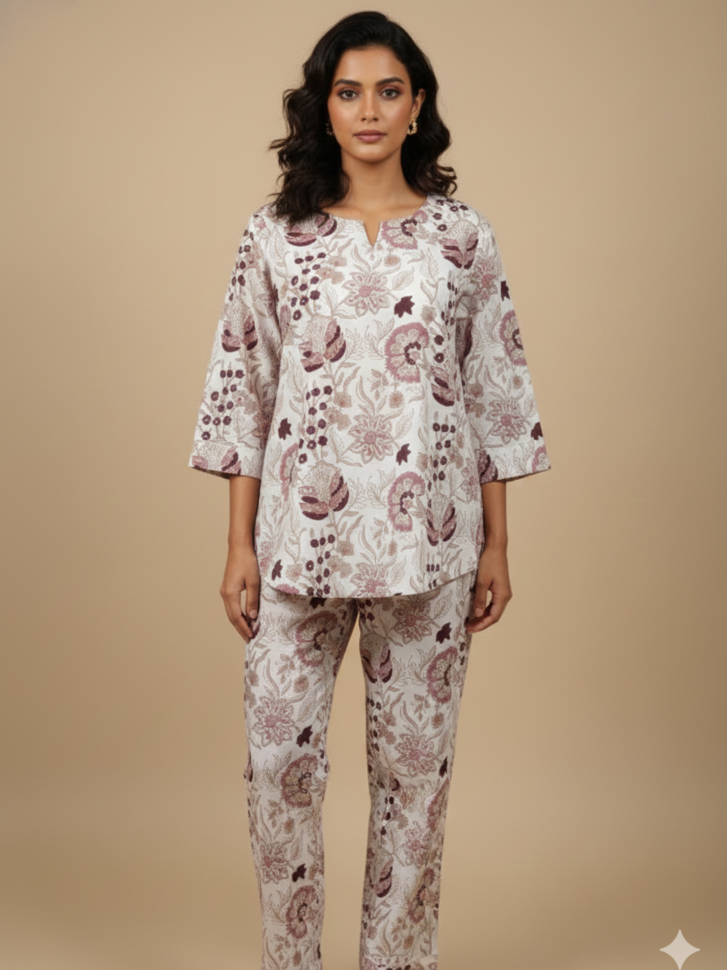 Beige purple block print Coord set M